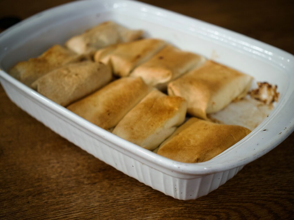 Finished pan of chimichangas