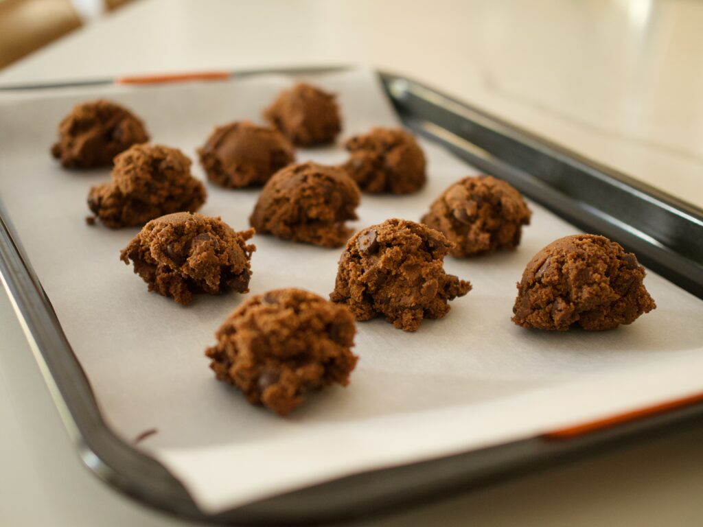 double chocolate cookie dough scooped onto sheet