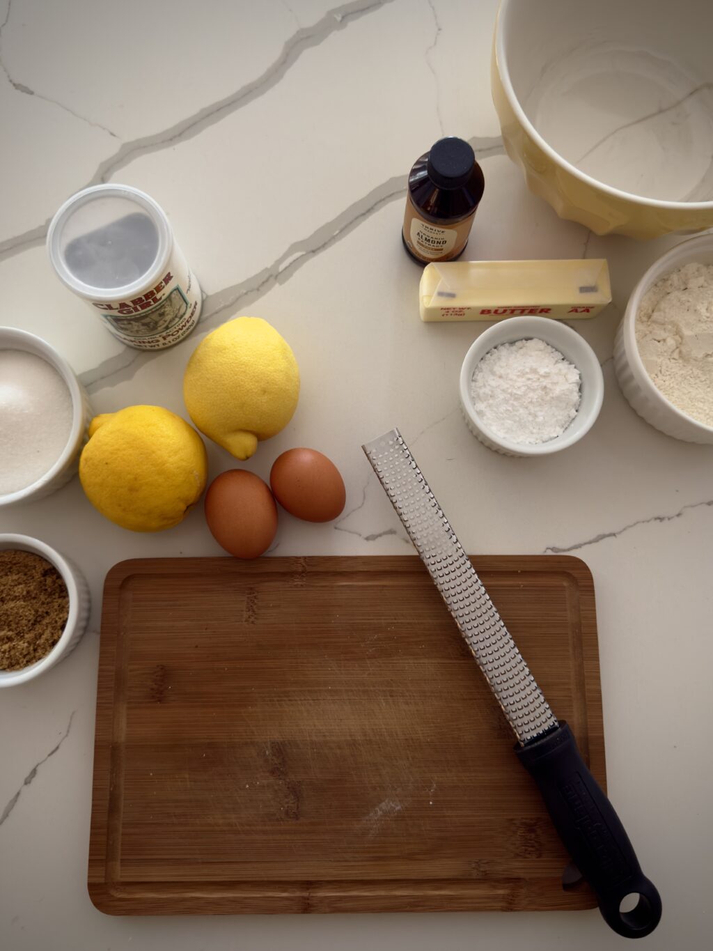 Lemon bar ingredients prepped and laid on counter