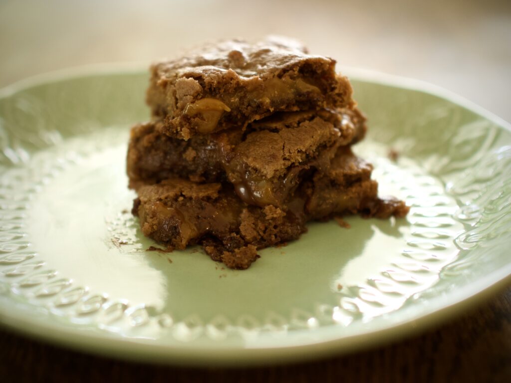Stacked caramel chocolate brownies